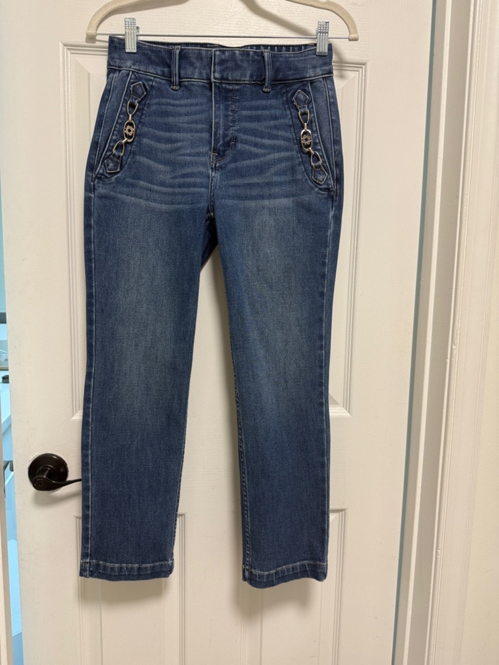 White House Black Market Straight Leg Blue Jeans with Chain-Link Pocket Detail
